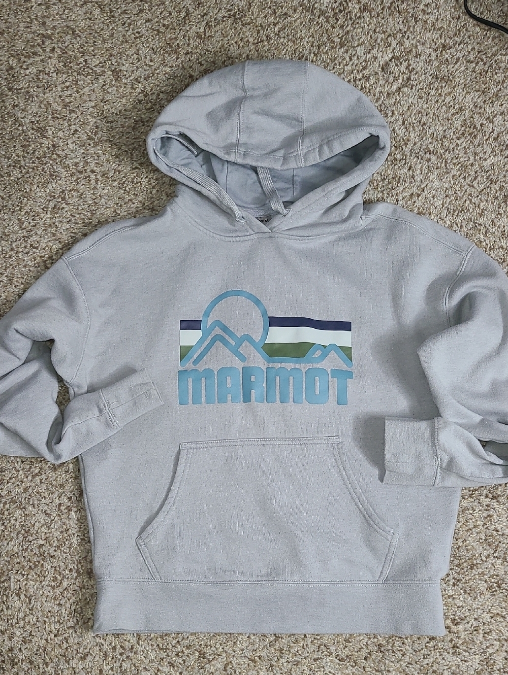 Marmot Light Gray Pullover Hoodie with Blue-Green Mountain Logo